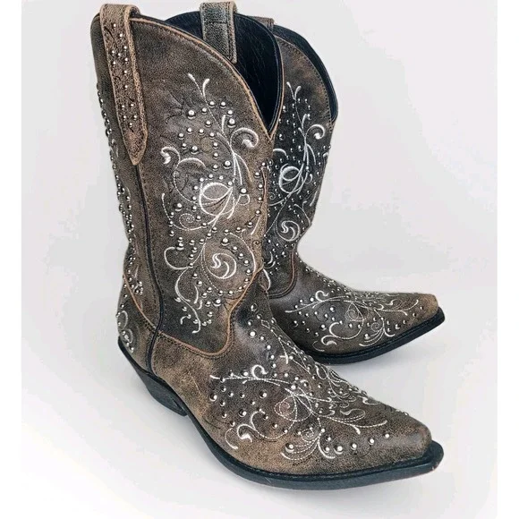 ROCKIN COUNTRY Womens Brown Leather Silver Studded Western Pull On Boots Sz 11M - Picture 1 of 8